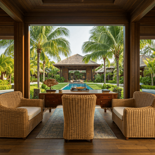 Luxurious open-air tropical office with rattan furniture overlooking a pool