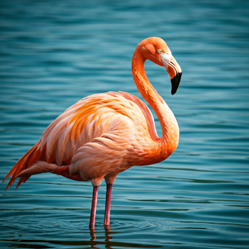A bright pink flamingo standing in blue water